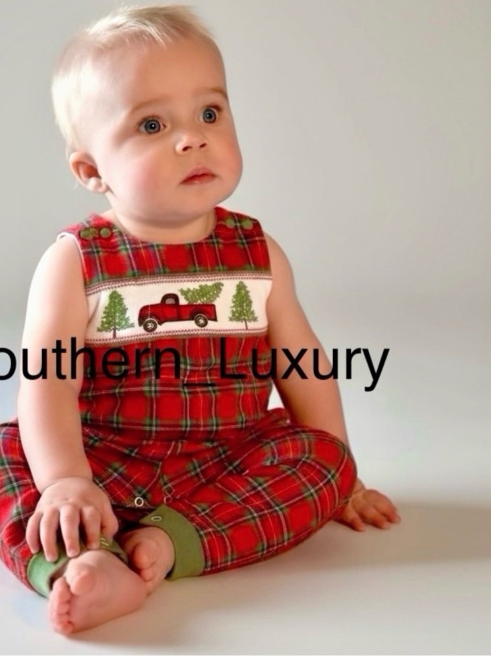Boutique LIL CACTUS NWT Christmas Boy Red Truck Tree Smocked Overalls 6-12 M